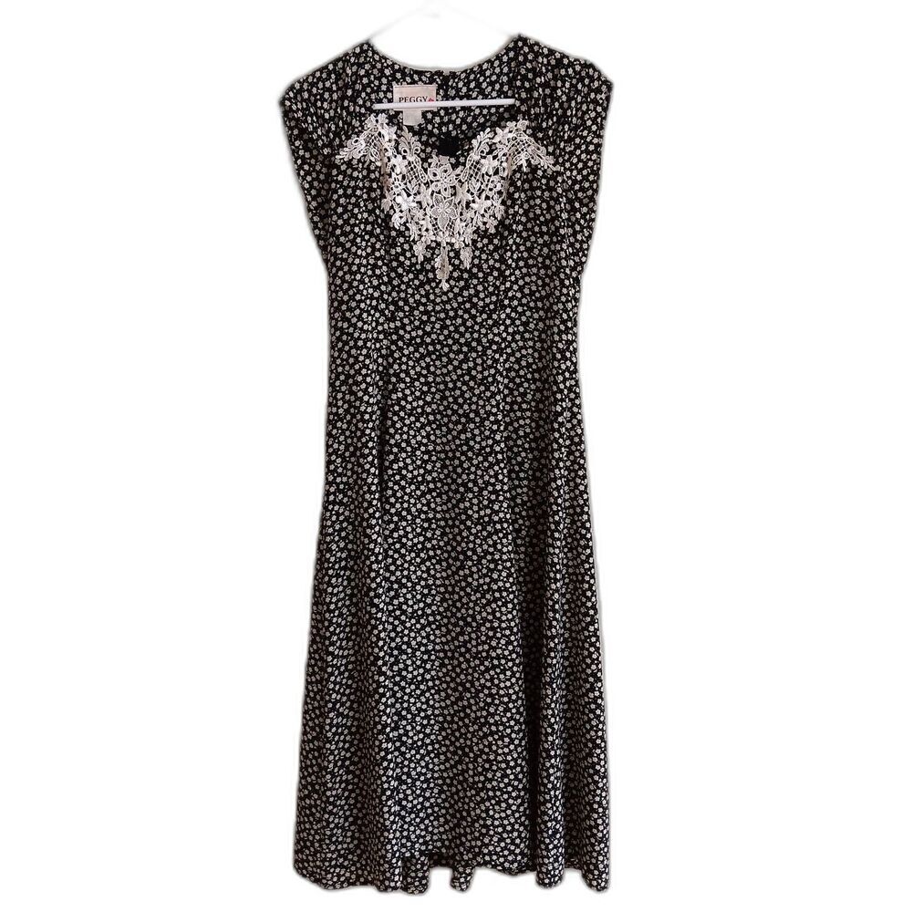 Vintage Peggy Dress Medium A-line Midi Maxi Floral Lace Embroidery Black White